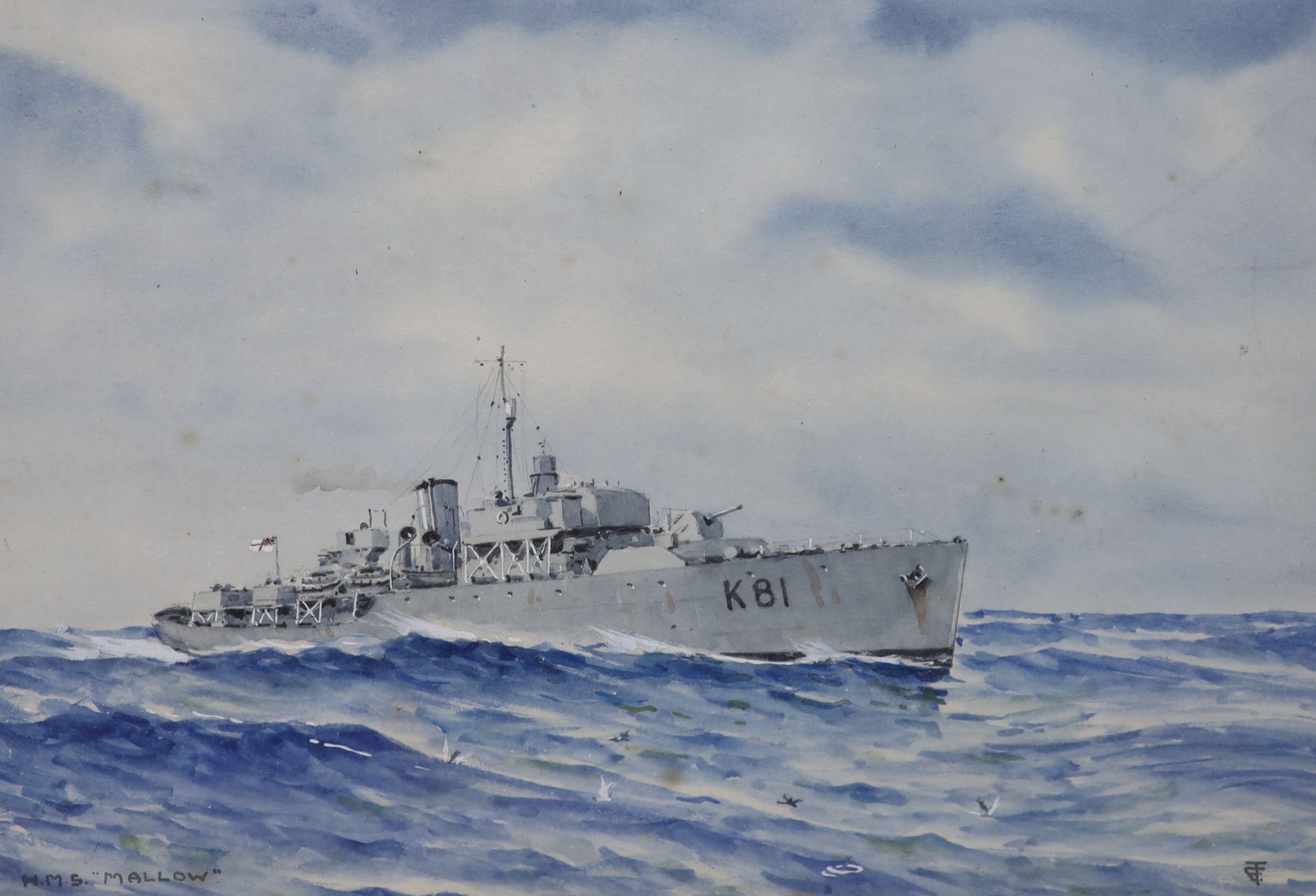 Eric Tufnell (1888-1978), watercolour, HMS Mallow, Flower Class Corvette 1942, monogrammed, 19 x 26cm